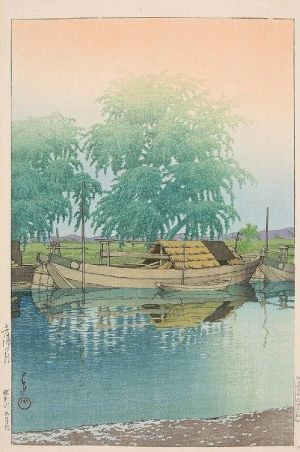 Kawase Hasui: Serene Morning with Moored Boats, 1931 wall art