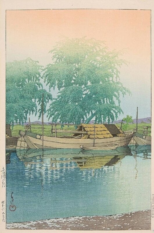 Kawase Hasui: Serene Morning with Moored Boats, 1931 premium reproduction