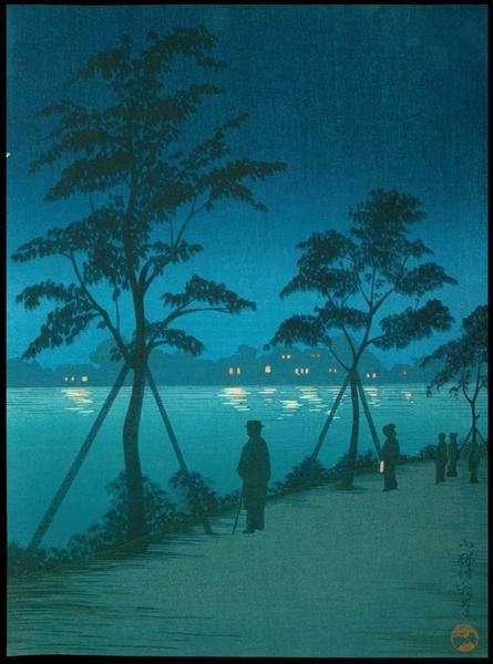 Kiyochika Kobayashi: Night Scene Along Sumida River premium reproduction