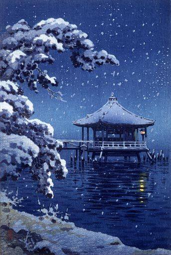 Floating Pavilion of Katada in Snow by Koitsu Tsuchiya (1934) premium reproduction