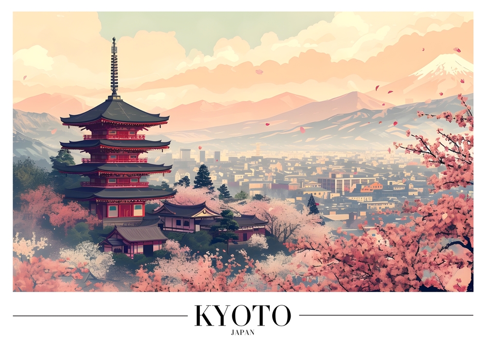 Kyoto: A Serene Symphony of Cherry Blossoms and Pagodas premium reproduction