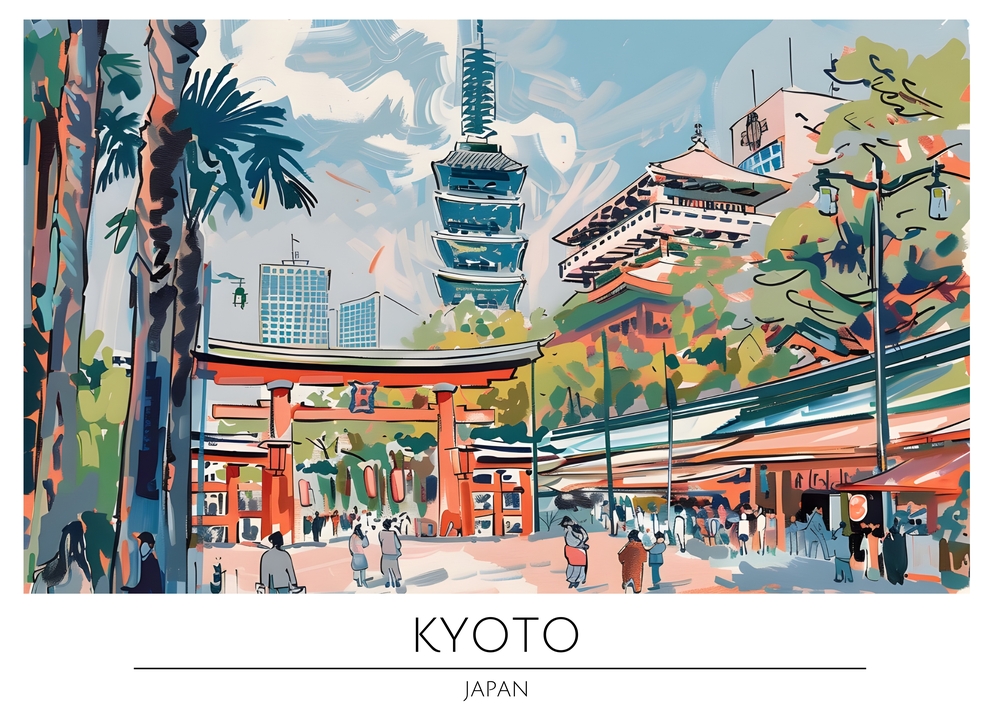 Vibrant Streetscape of Kyoto, Japan premium reproduction