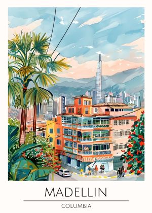 Vibrant Medellín Cityscape Illustration wall art