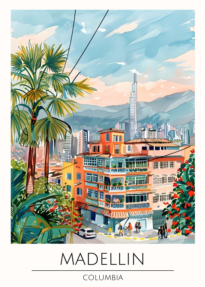 Vibrant Medellín Cityscape Illustration premium reproduction