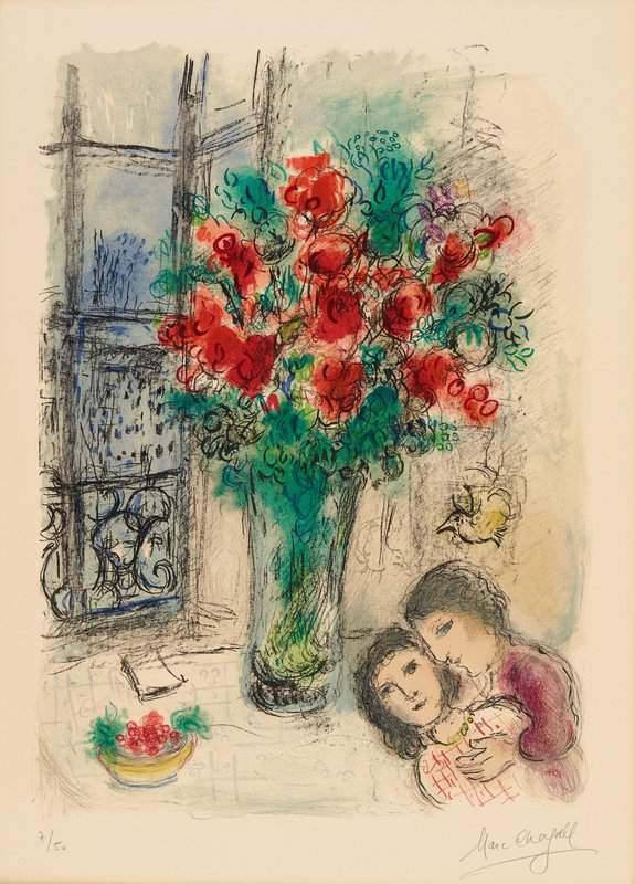 Marc Chagall: The Red Flowers premium reproduction printed or painted