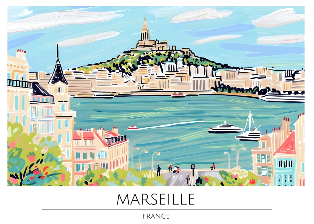 Colorful View of Marseille, France – Illustrated Art premium reproduction