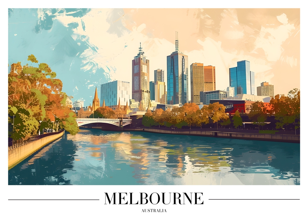 Vibrant Skyline of Melbourne: A River's View premium reproduction