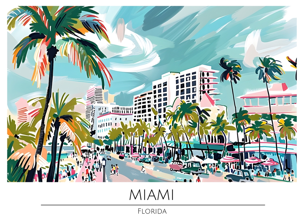 Vibrant Miami: Artistic Representation of Florida's Beachfront premium reproduction