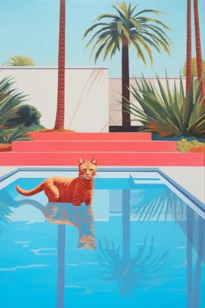 Whimsical Cat in a Poolside Oasis wall art