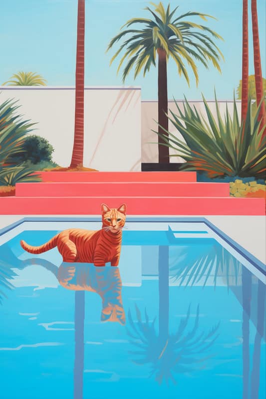 Whimsical Cat in a Poolside Oasis premium reproduction