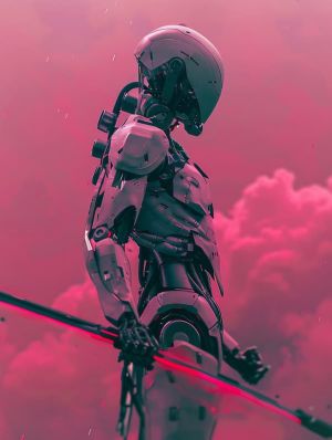 Futuristic Sentinel Amidst a Crimson Sky wall art