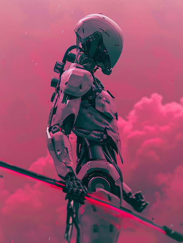 Futuristic Sentinel Amidst a Crimson Sky premium reproduction