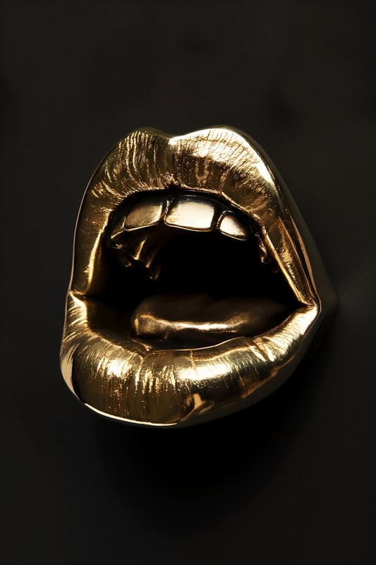 Sculptural Gold Lips on Black Canvas premium reproduction