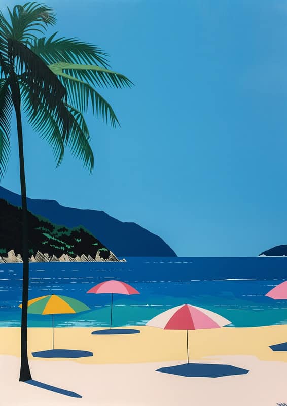 Vibrant Beachscape with Umbrellas premium reproduction