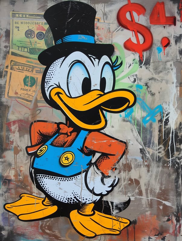 Street Art Duck with Currency Themes premium reproduction