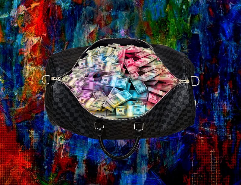Vibrant Wealth: Colorful Currency Encased premium reproduction