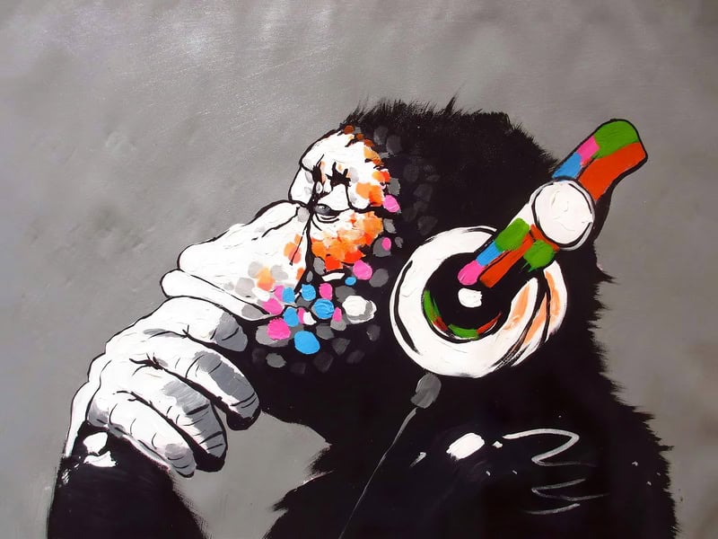 Contemplative Chimpanzee with Headphones premium reproduction