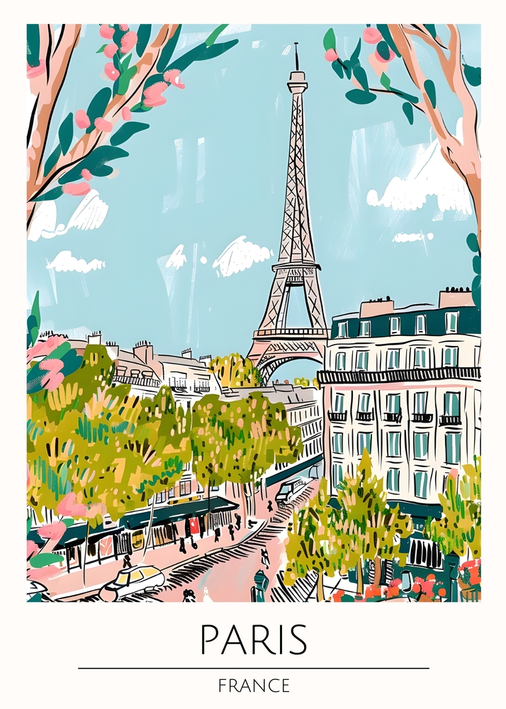 Colorful Illustrated View of Paris with Eiffel Tower premium reproduction