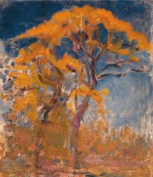 Piet Mondrian: Two Trees with Orange Foliage Against Blue Sky, 1908 wall art