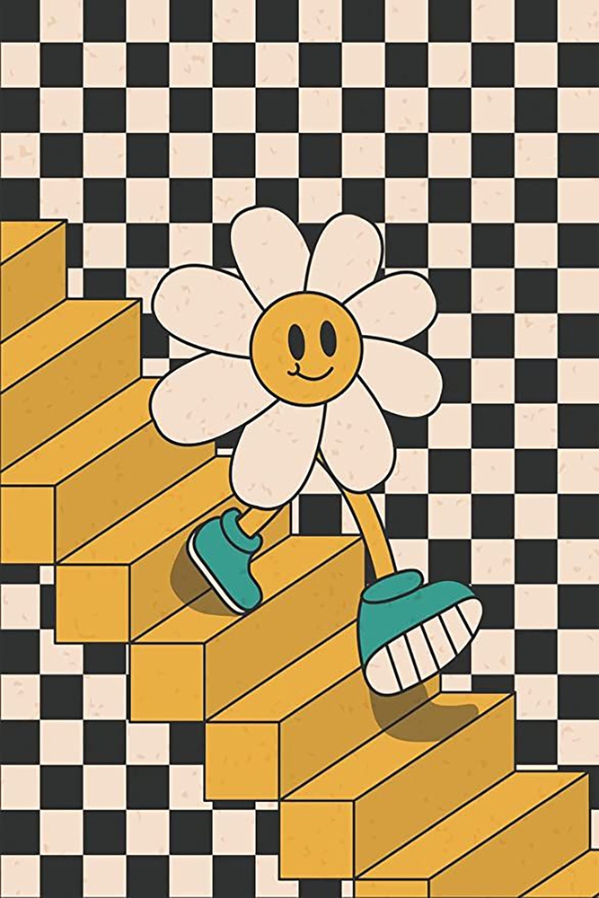 Whimsical Flower on Checkered Path premium reproduction