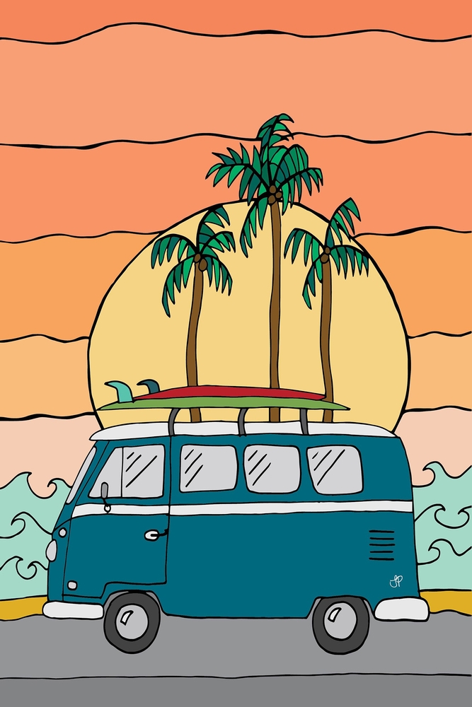 Retro Beach Vibe - Surf Van and Sunset premium reproduction