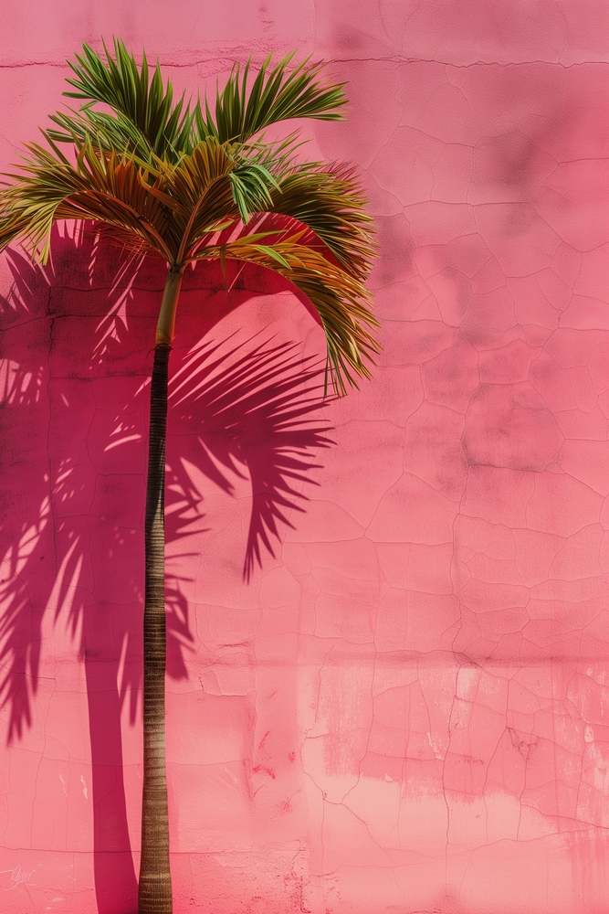 Vibrant Palm Shadows on Pink premium reproduction