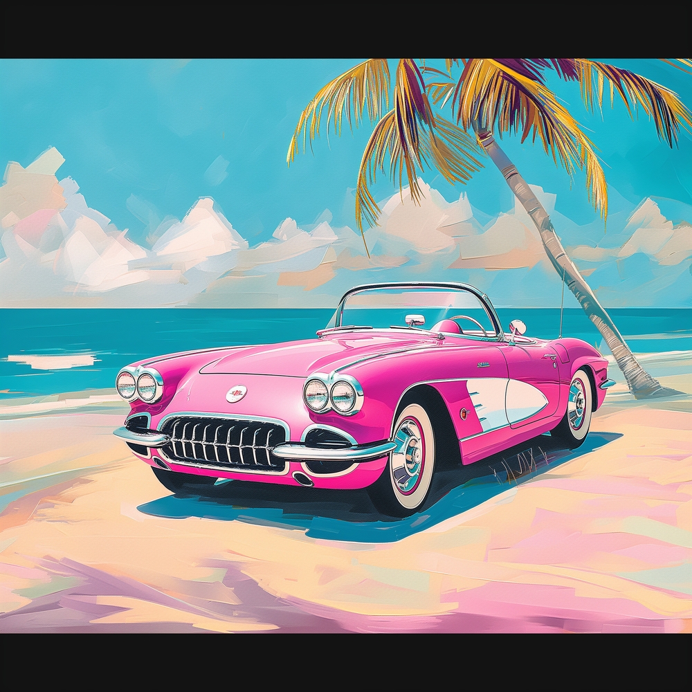 Tropical Dream: Pink Convertible by the Beach premium reproduction