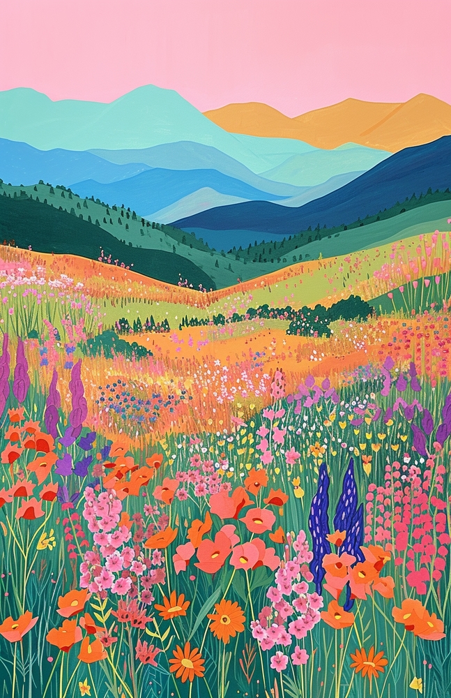 Vibrant Mountain Meadow Landscape premium reproduction