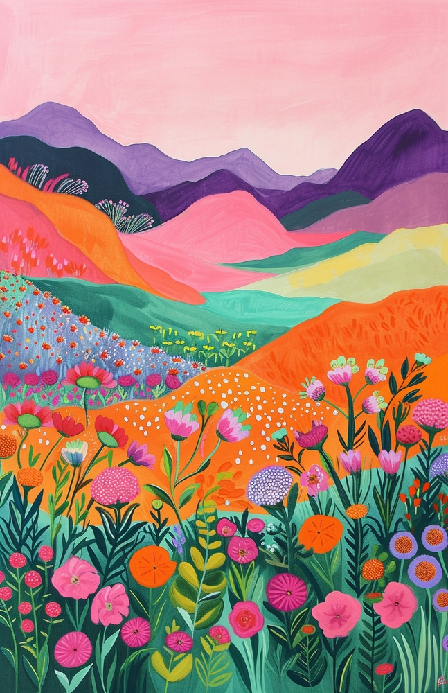Vibrant Floral Landscape by the Hills premium reproduction
