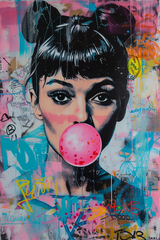 Vivid Pop Art Portrait with Bubblegum premium reproduction