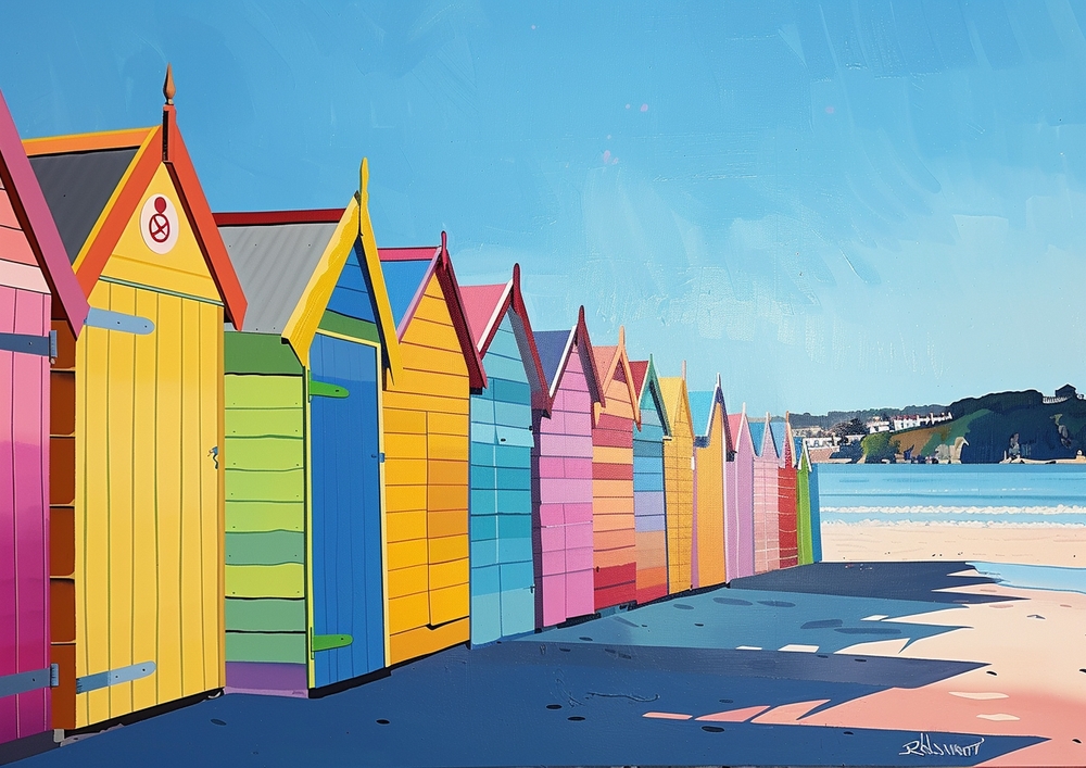 Colorful Beach Huts in Pop Art Style premium reproduction