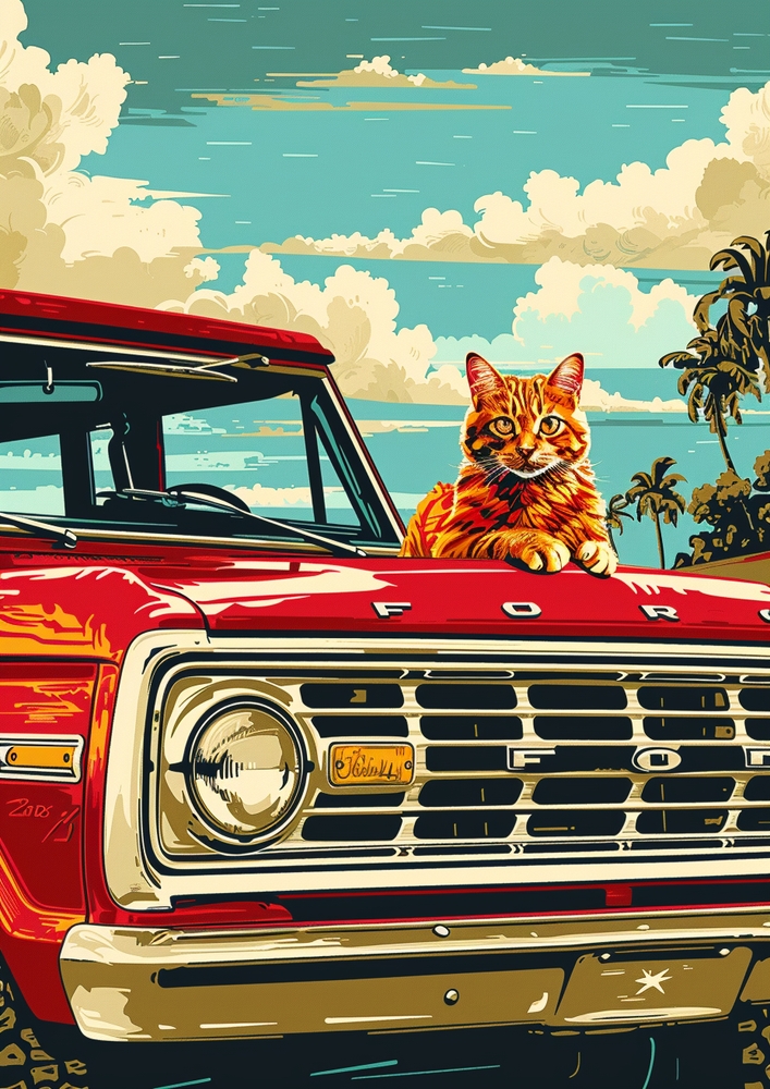 Retro Vibes: Cat on a Classic Ford premium reproduction