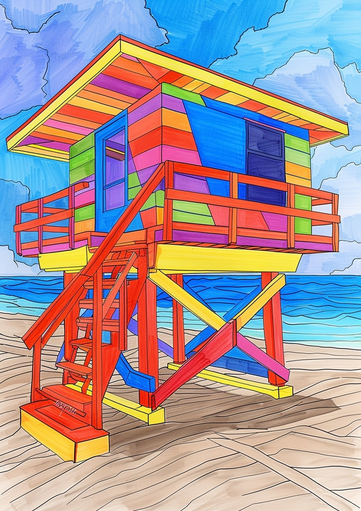 Vibrant Beach Hut in Pop Art Style premium reproduction
