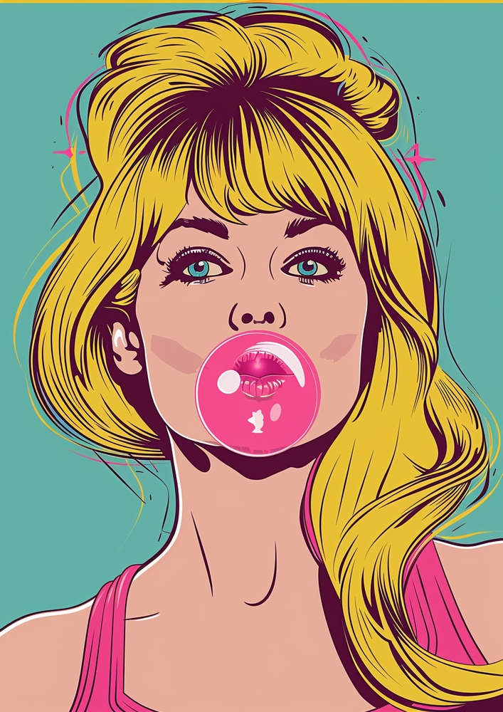 Vibrant Pop Art Portrait with Bubblegum premium reproduction