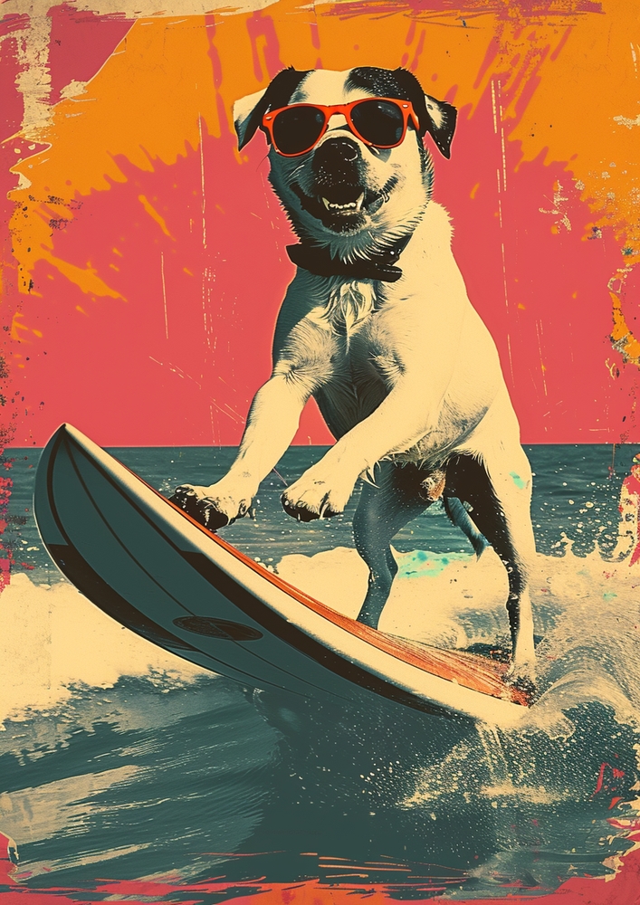 Surfing Dog in Vibrant Pop Art premium reproduction