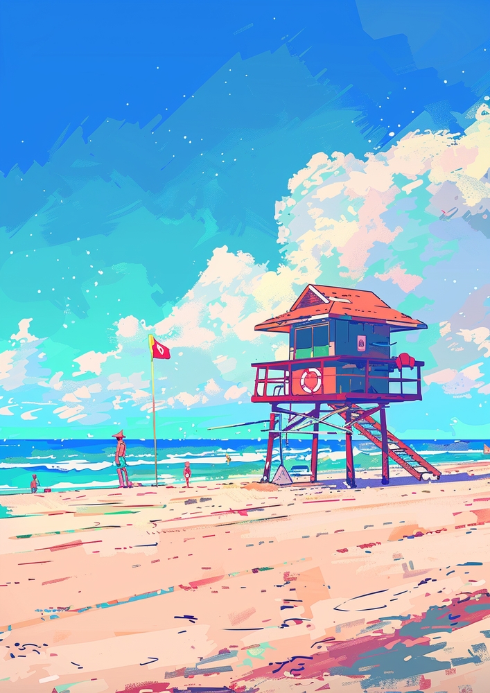 Vibrant Beachscape in Pop Art Style premium reproduction
