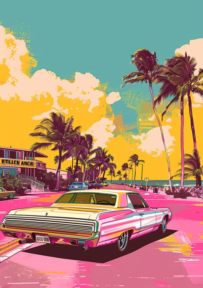 Vibrant Vintage Coastal Scene premium reproduction