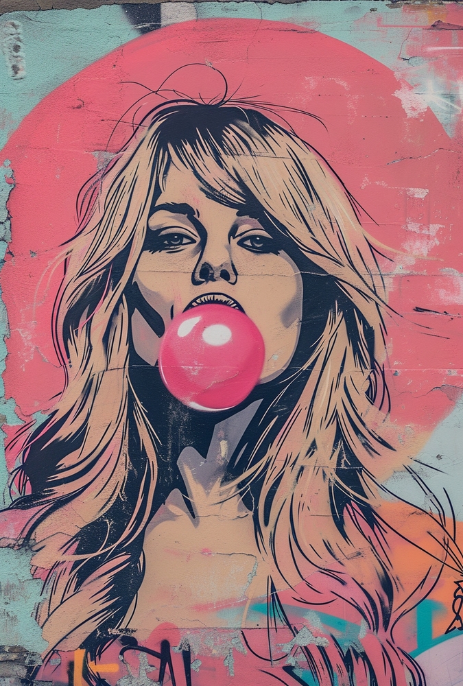 Vibrant Pop Art Portrait with Bubblegum premium reproduction