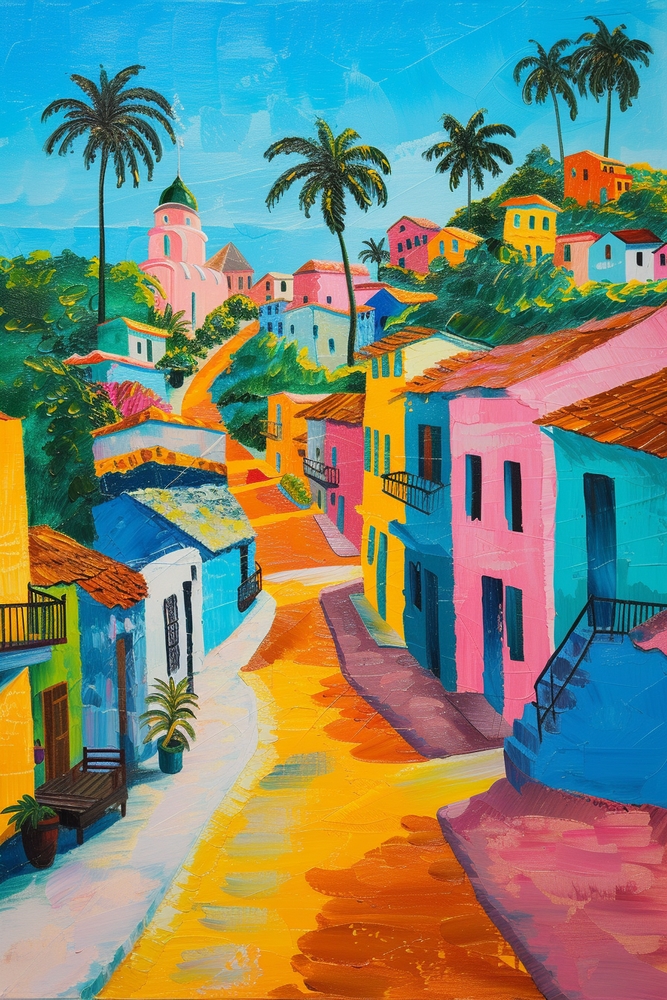 Vibrant Pop Art Village premium reproduction