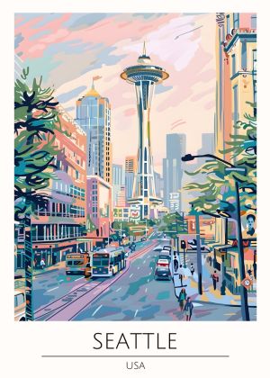 Vibrant Seattle Street Scene with Space Needle wall art