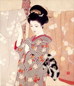 Shimura Tatsumi - Elegant Geisha in Striped Kimono (1960) wall art
