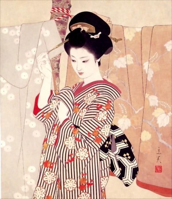 Shimura Tatsumi - Elegant Geisha in Striped Kimono (1960) premium reproduction