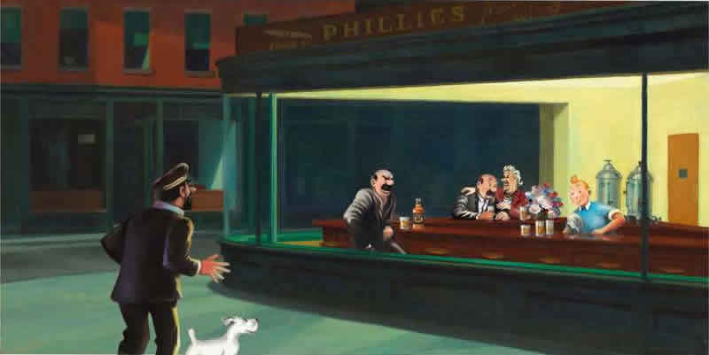 Tintin Meets Hopper: Nighttime Tableau by Xavier Marabout premium reproduction