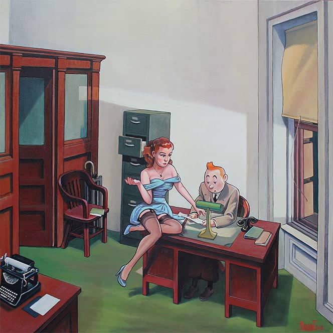 Tintin Meets Hopper - Office At Night by Xavier Marabout premium reproduction