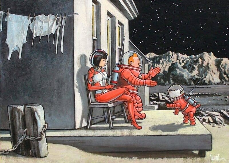 Tintin and Yoko Tsuno on the Moon by Xavier Marabout premium reproduction