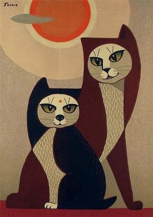 Tomoo Inagaki: Two Cats in Front of Sun, Circa 1960 wall art