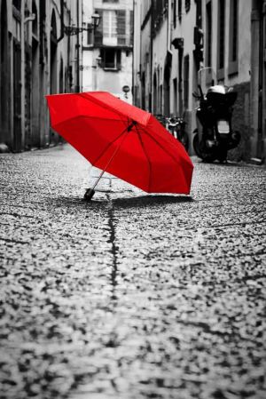 Vivid Contrast: Red Umbrella in Urban Alleyway wall art