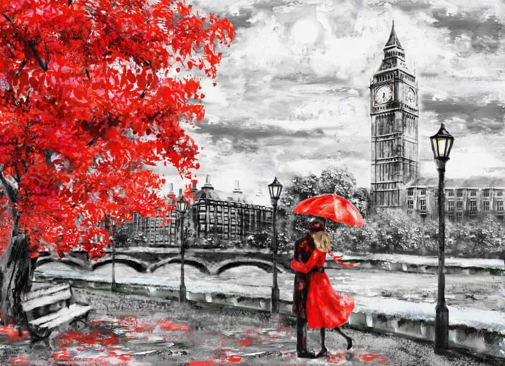 Romantic Stroll near Big Ben: A Red and White Contrast premium reproduction