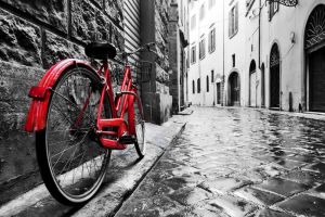 Red Bicycle in Rainy Alley wall art