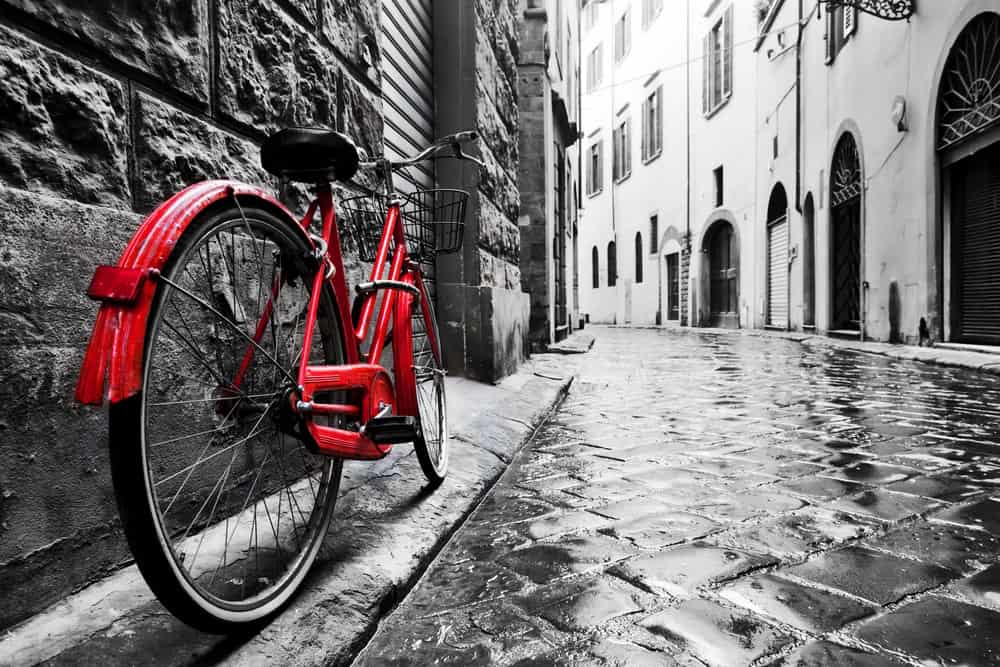 Red Bicycle in Rainy Alley premium reproduction